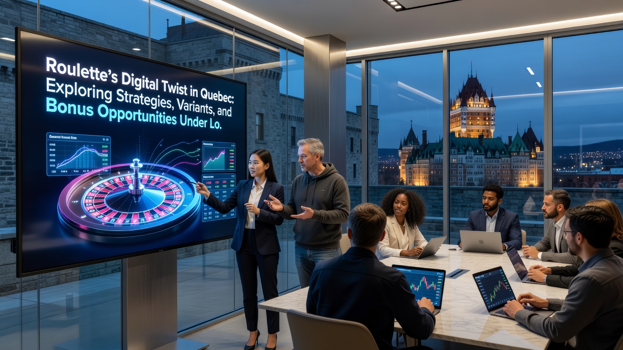 Players reviewing roulette strategies on tablets in a Quebec setting